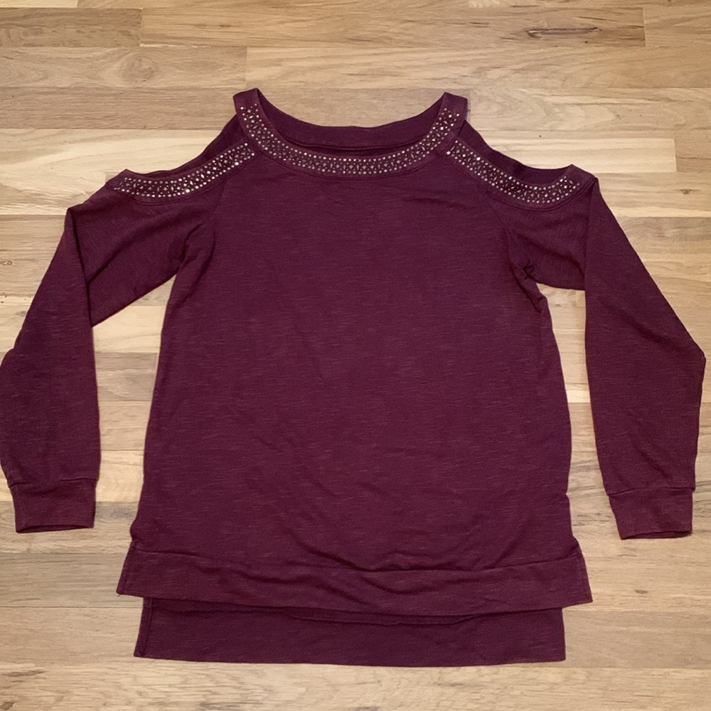 Knox Rose Studded Cold Shoulder Long Sleeve Maroon Blouse Women’s S - Picture 3 of 14